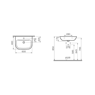 S20 Washbasin 60x46 cm with one tap hole, with overflow hole, white 5503B003H0001