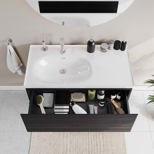 Equal Lavabo Dolabı 100 cm, bir çekmeceli asimetrik beyaz lavabolu, metal ayaklı, hareli siyah meşe 66522