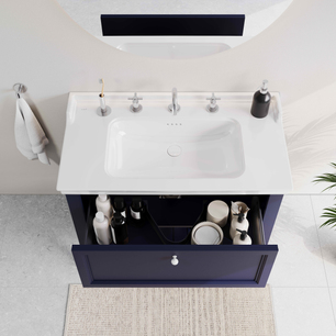 Valarte Neo Lavabo Dolabı 100 cm, bir çekmeceli etajerli lavabolu, üç armatür delikli, çelik mavisi 65780