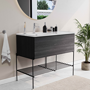 Equal Lavabo Dolabı 100 cm, bir çekmeceli asimetrik beyaz lavabolu, metal ayaklı, hareli siyah meşe 66522