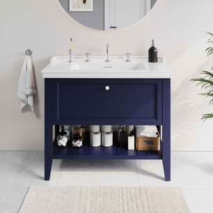 Valarte Neo Lavabo Dolabı 100 cm, bir çekmeceli etajerli lavabolu, üç armatür delikli, çelik mavisi 65780