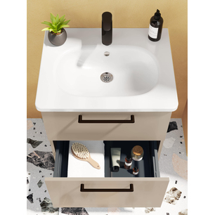 Root Flat Lavabo Dolabı 60 cm, iki çekmeceli, dar yuvarlak lavabo, parlak sahra beji 68103