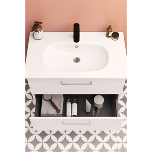 Root Flat Lavabo Dolabı 80 cm, iki çekmeceli, dar yuvarlak lavabo, parlak beyaz 68120