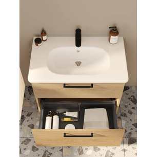 Root Flat Lavabo Dolabı 80 cm, iki çekmeceli, dar yuvarlak lavabo, doğal meşe 68127
