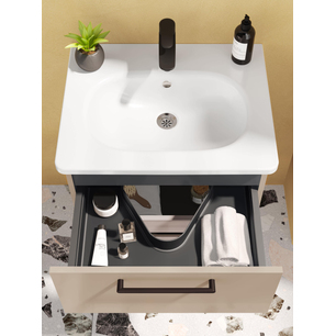 Root Flat Lavabo Dolabı 60 cm, iki çekmeceli, dar yuvarlak lavabo, parlak sahra beji 68103