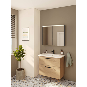 Root Flat Lavabo Dolabı 80 cm, iki çekmeceli, dar yuvarlak lavabo, doğal meşe 68127