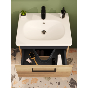 Root Flat Lavabo Dolabı 60 cm, iki çekmeceli, dar yuvarlak lavabo, doğal meşe 68107