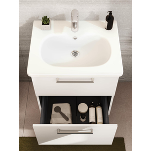 Root Flat Lavabo Dolabı 60 cm, iki çekmeceli, dar yuvarlak lavabo, parlak beyaz 68100