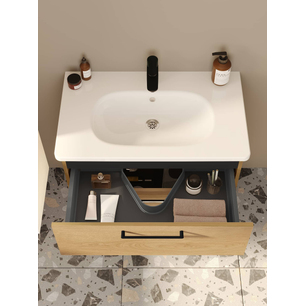 Root Flat Lavabo Dolabı 80 cm, iki çekmeceli, dar yuvarlak lavabo, doğal meşe 68127