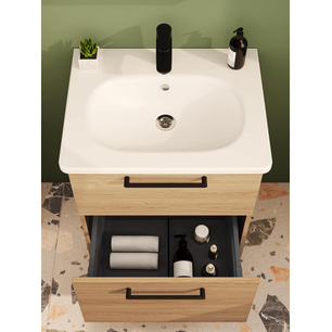Root Flat Lavabo Dolabı 60 cm, iki çekmeceli, dar yuvarlak lavabo, doğal meşe 68107