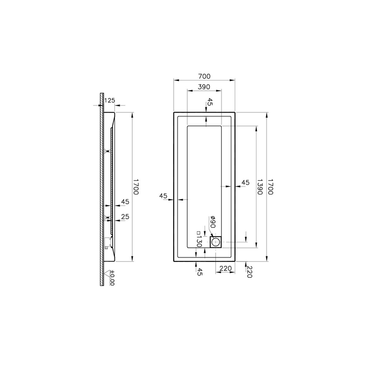 T70 Dikdörtgen Monoblok Duş Teknesi 170x70 cm  55110002000