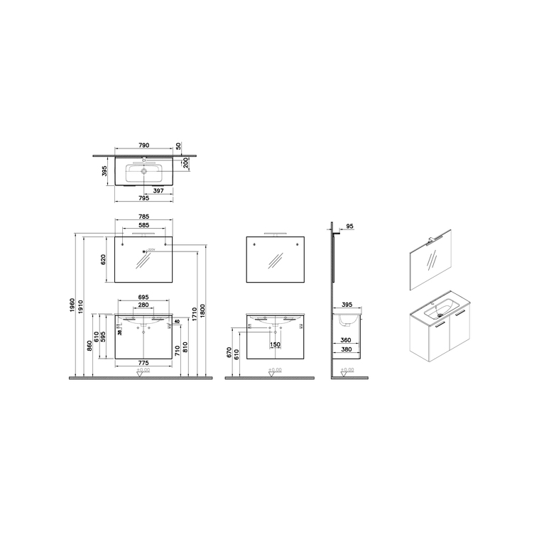 Mia Set 80 cm, with two doors washbasin unit, flat mirror with lighting, cordoba 69568