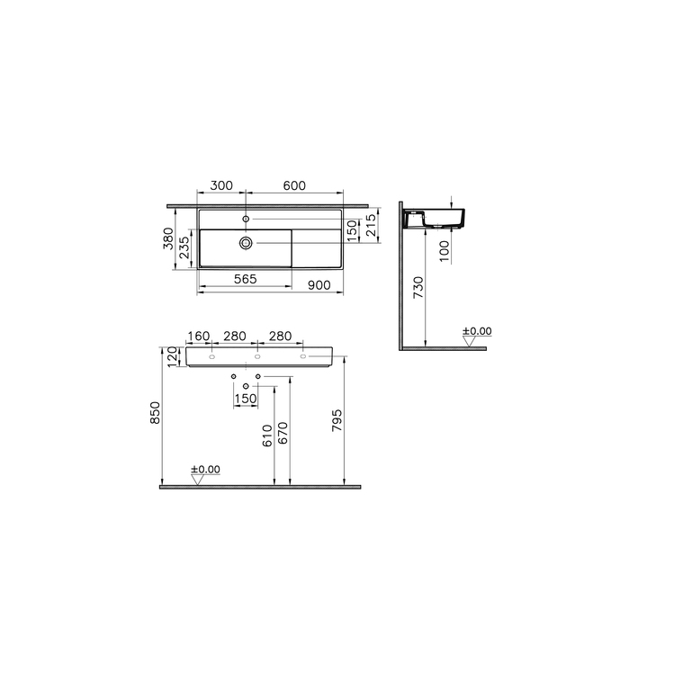 Archiplan Lavabo compact mural ou à poser 90 cm Lavabo compact, 90x38 cm 1 trou de robinet, avec trou de trop-plein Lavabo compact, 90x38 cm 1 trou de robinet, avec trou de trop-plein 7402B003-0001