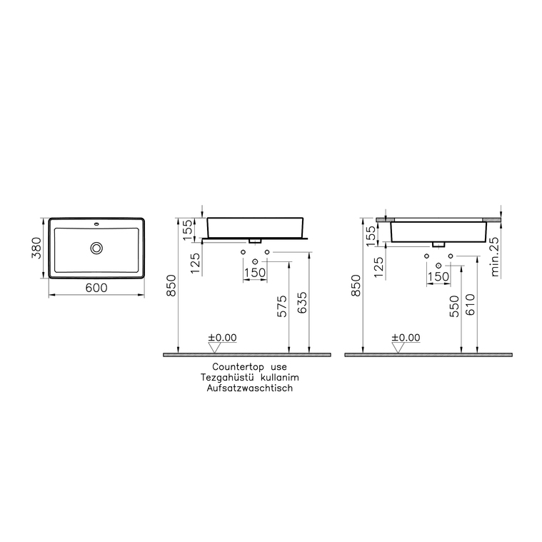 Nuo Vasque rectangulaire à poser 60 cm Nuo vasque, 60cm, rectangulaire Nuo vasque, 60cm, rectangulaire, avec trop-plein, sans trou pour robinet 7434B003-0012