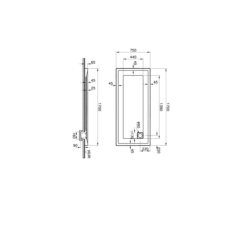 T75 Dikdörtgen Monoflat Duş Teknesi 170x75 cm  58380002000