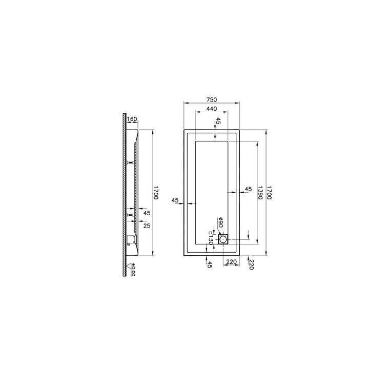 T75 Dikdörtgen Monoblok Duş Teknesi 170x75 cm  57220002000