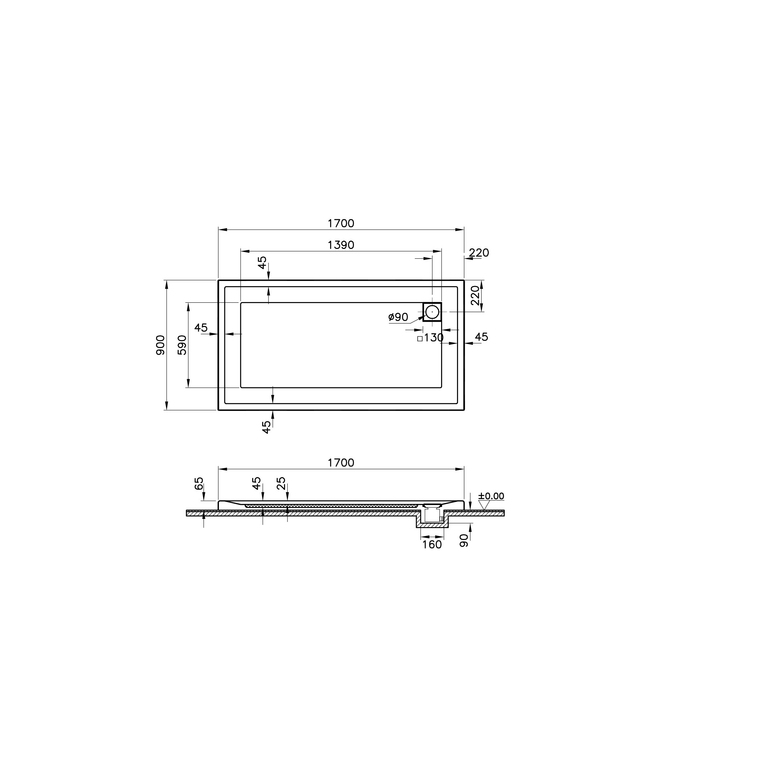 T90 Dikdörtgen Monoflat Duş Teknesi 170x90 cm  58930002000