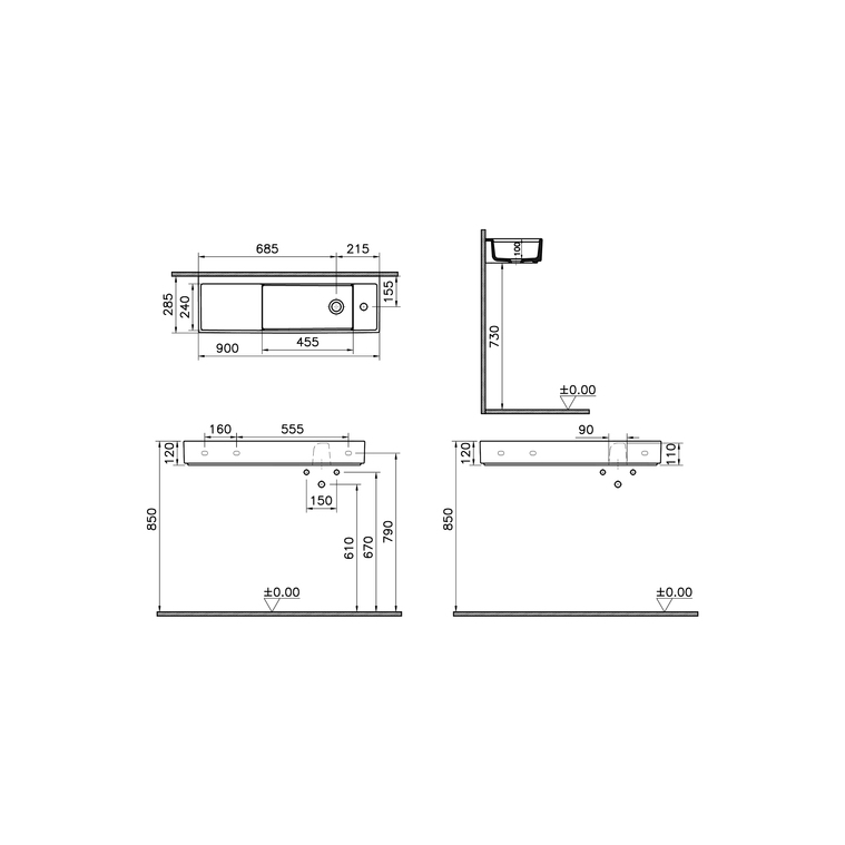 Archiplan Lavabo compact mural ou à poser 90 cm Lavabo mural 90x28 cm, trou de robinet à droite, sans trop-plein, gris pierre m Lavabo compact mural, crép. #6392 ou #A45148 (p.lav.s.tr.-plein) ou b. clic-clac #A45149 (p.lav.a.tr.-pl.) à comm.sép., a. trou de rob. à droite, sans trou de tr.-pl., gris pierre mat 7407B076-0294