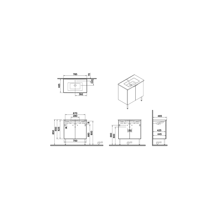 Mia Plus Square Washbasin Unit 80 cm, with two doors washbasin unit (with shelf), leg, white high gloss 80715
