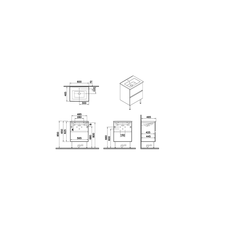 Mia Plus Square Washbasin Unit 60 cm, with two drawers leg, anthracite high gloss 69732