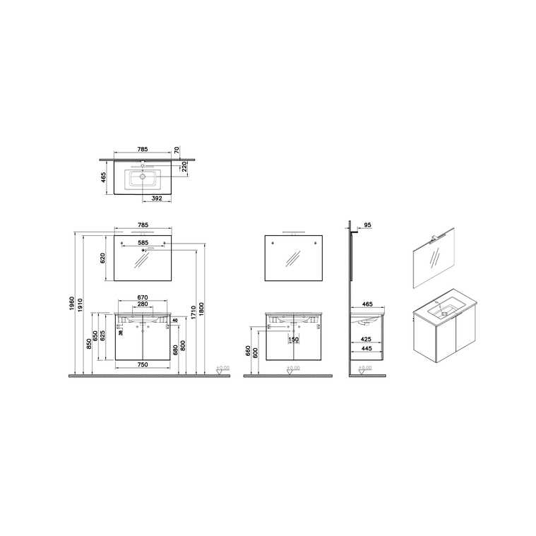 Mia Plus Square Set 80 cm, with two doors washbasin unit, flat mirror with lighting, white high gloss 69724