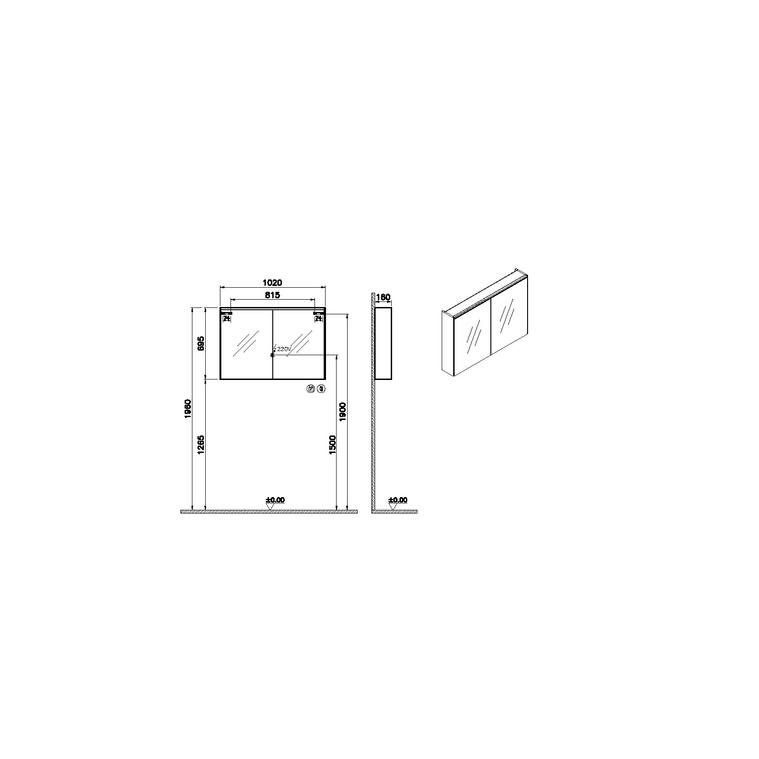 Core Aynalı Banyo Dolabı 100 cm, aydınlatmalı fırçalı krom 66912