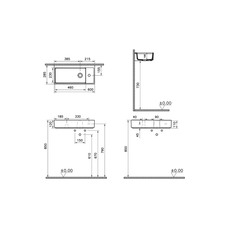 Archiplan Lavabo compact mural ou à poser 60 cm Lavabo mural 60x28 cm, trou de robinet à droite, sans trop-plein, terre rouge m Lavabo compact mural, crép. #6392 ou #A45148 (p.lav.s.tr.-plein) ou b. clic-clac #A45149 (p.lav.a.tr.-pl.) à comm.sép., a. trou de rob. à droite, sans trou de tr.-pl., terre rouge mat 7406B077-0294