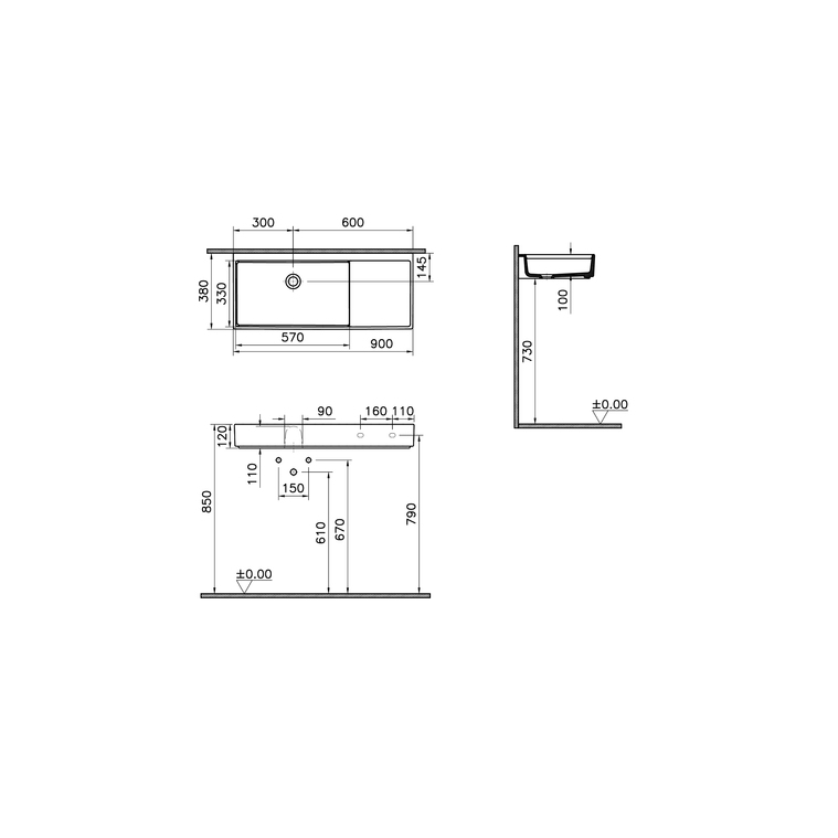 Archiplan Lavabo compact mural ou à poser 90 cm Lavabo mural, 90 cm, sans trou de robinet et trop-plein, gris pierre mat Lavabo compact mural (Sur plan/meuble/pieds en métal) 325010YP1TE non incl., crép. #6392 ou #A45148 (p.lav.s.tr.-plein) ou b. clic- clac #A45149 (p.lav.a.tr.-pl.) à comm.sép., sans trou de rob., a. trou de tr.-pl., gris pierre mat 7405B076-0016