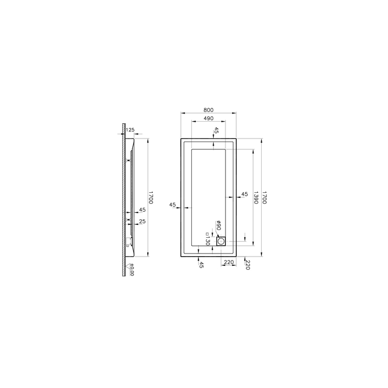 T80 Dikdörtgen Monoblok Duş Teknesi 170x80 cm  56890002000