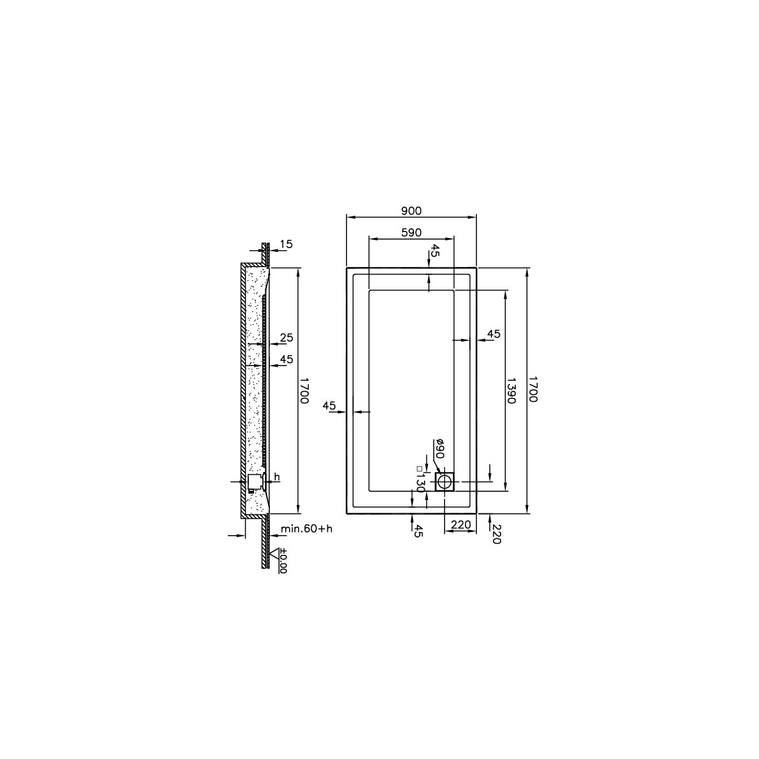T90 Dikdörtgen Sıfır Zemin Duş Teknesi 170x90 cm  58580002000