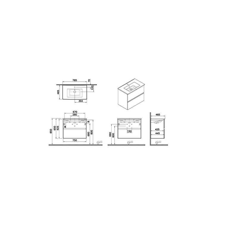 Mia Plus Square Lavabo Dolabı 80 cm, iki çekmeceli cordoba 69799