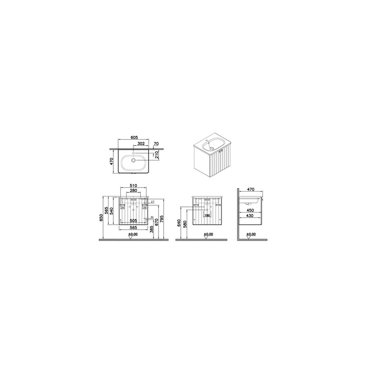 Root Groove Lavabo Dolabı 60 cm, iki kapaklı yuvarlak lavabo, mat beyaz 69268