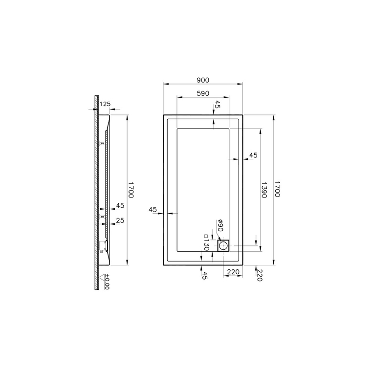 T90 Dikdörtgen Monoblok Duş Teknesi 170x90 cm  58680002000