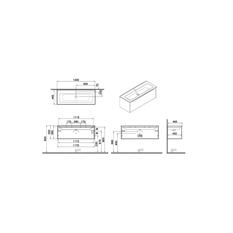 Integra Square Lavabo Dolabı 120 cm, bir çekmeceli altın meşe 80159