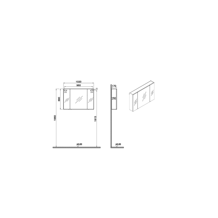Base Lite Asimetrik Aynalı Banyo Dolabı 100 cm, üç kapaklı altın meşe 67753