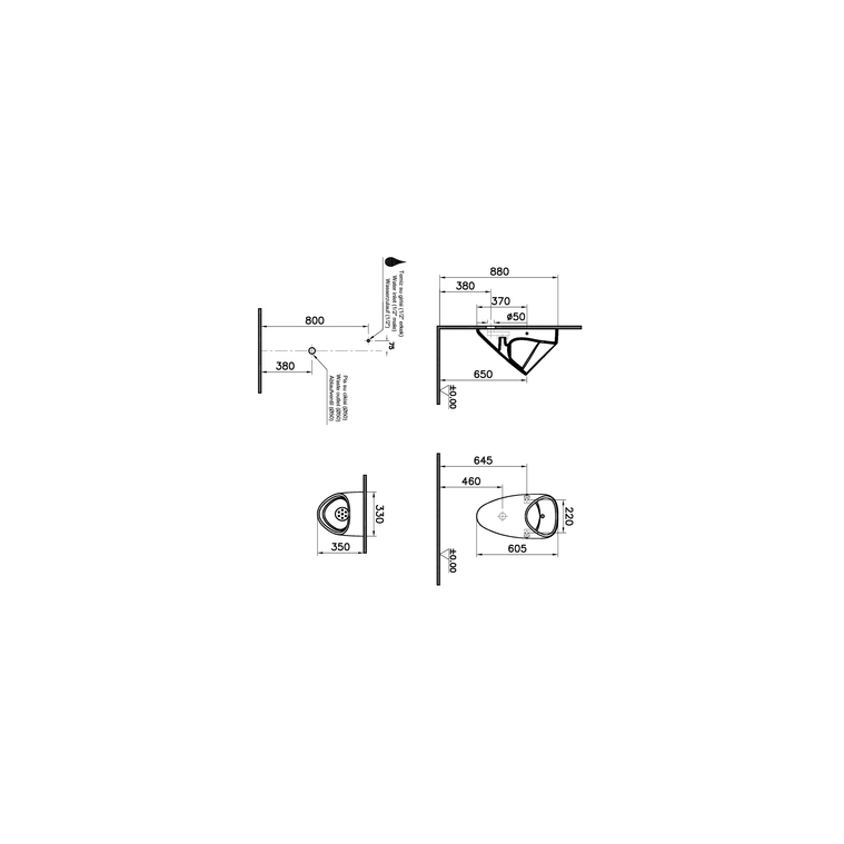 Plural Urinal Rim-ex, touch-free, back inlet, vibration sensor, mains operated, matt black 7808B083H5331