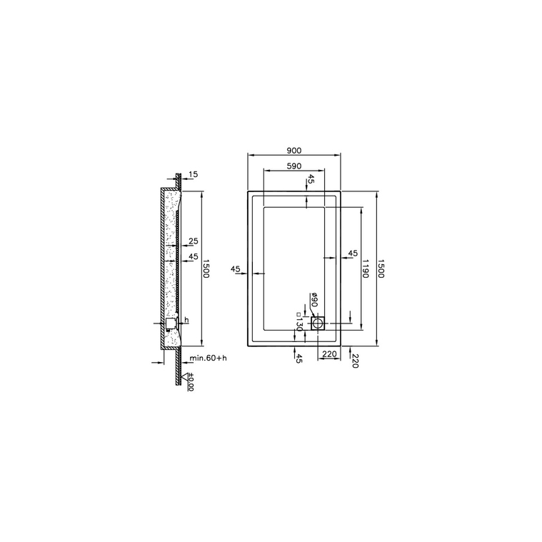 T90 Dikdörtgen Sıfır Zemin Duş Teknesi 150x90 cm  58560002000