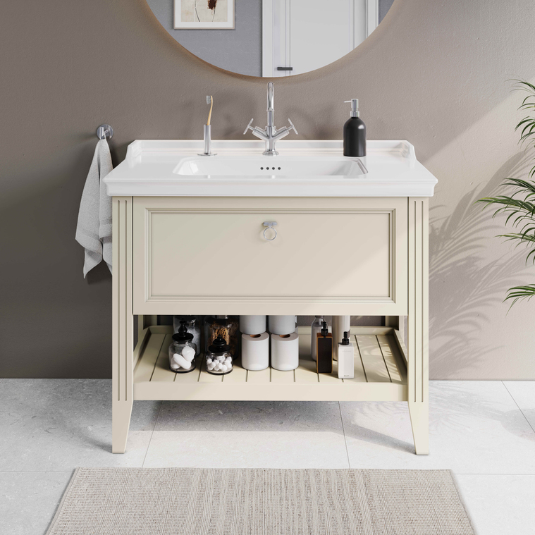 Valarte Meuble avec plan céramique 100 cm Valarte meuble avec plan céramique, 100 cm, avec tiror, ivoire mat Valarte meuble avec plan céramique, 100 cm, tiroir, fermeture douce, étagère, 1 trou pour robinet, trop-plein, poignées à passe doigt chromées, caisson MDF + film polymère, montage mural, ivoire mat 62185