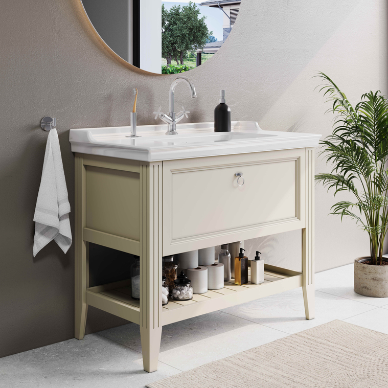 Valarte Meuble avec plan céramique 100 cm Valarte meuble avec plan céramique, 100 cm, avec tiror, ivoire mat Valarte meuble avec plan céramique, 100 cm, tiroir, fermeture douce, étagère, 1 trou pour robinet, trop-plein, poignées à passe doigt chromées, caisson MDF + film polymère, montage mural, ivoire mat 62185