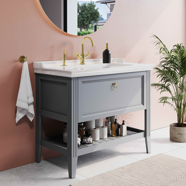 Valarte Meuble avec plan céramique 100 cm Valarte meuble avec plan céramique, 100 cm, avec tiror, gris mat Valarte meuble avec plan céramique, 100 cm, tiroir, fermeture douce, étagère, 1 trou pour robinet, trop-plein, poignées à passe doigt chromées, caisson MDF + film polymère, montage mural, gris mat 62184