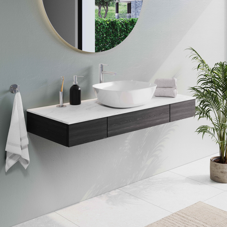 Origin Neolith Countertop Calacatta Silk Neolith, 120cm, centre washbasin position, one tap hole Origin countertops can be combined with wooden drawer units in patterned dark oak, elm and natural oak. Bathroom units can be easily  customised to different sized spaces, thanks to a choice of modules and dimensions 65739